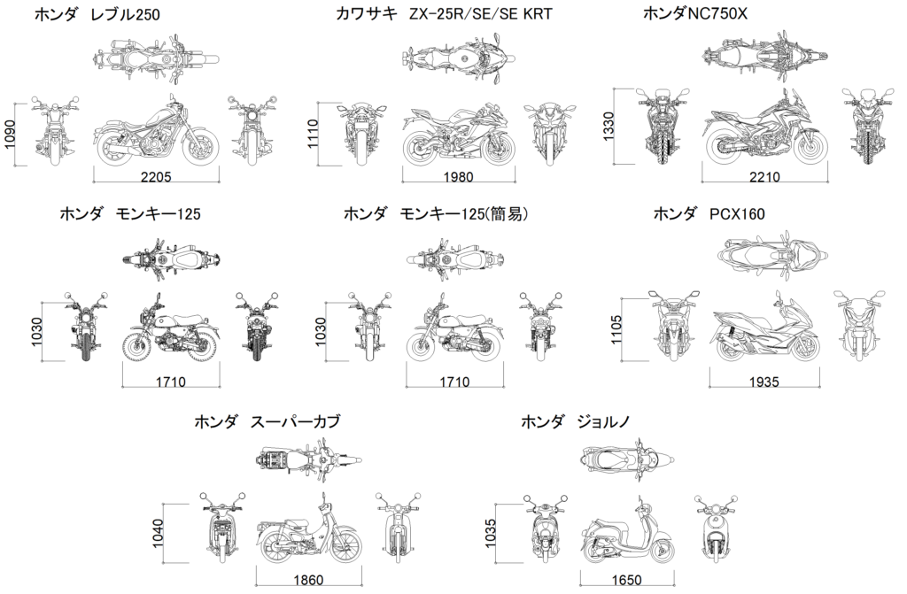 CADデータ画像-大型バイク、中型バイク、小型バイク、原付バイク