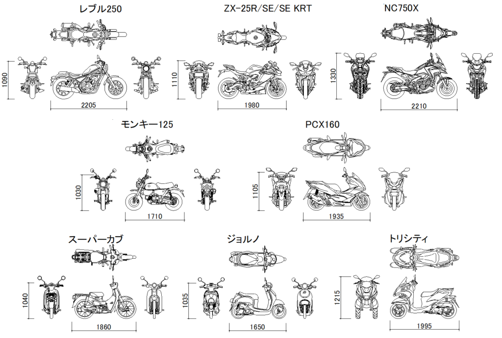 CADデータ画像-大型バイク、中型バイク、小型バイク、原付バイク