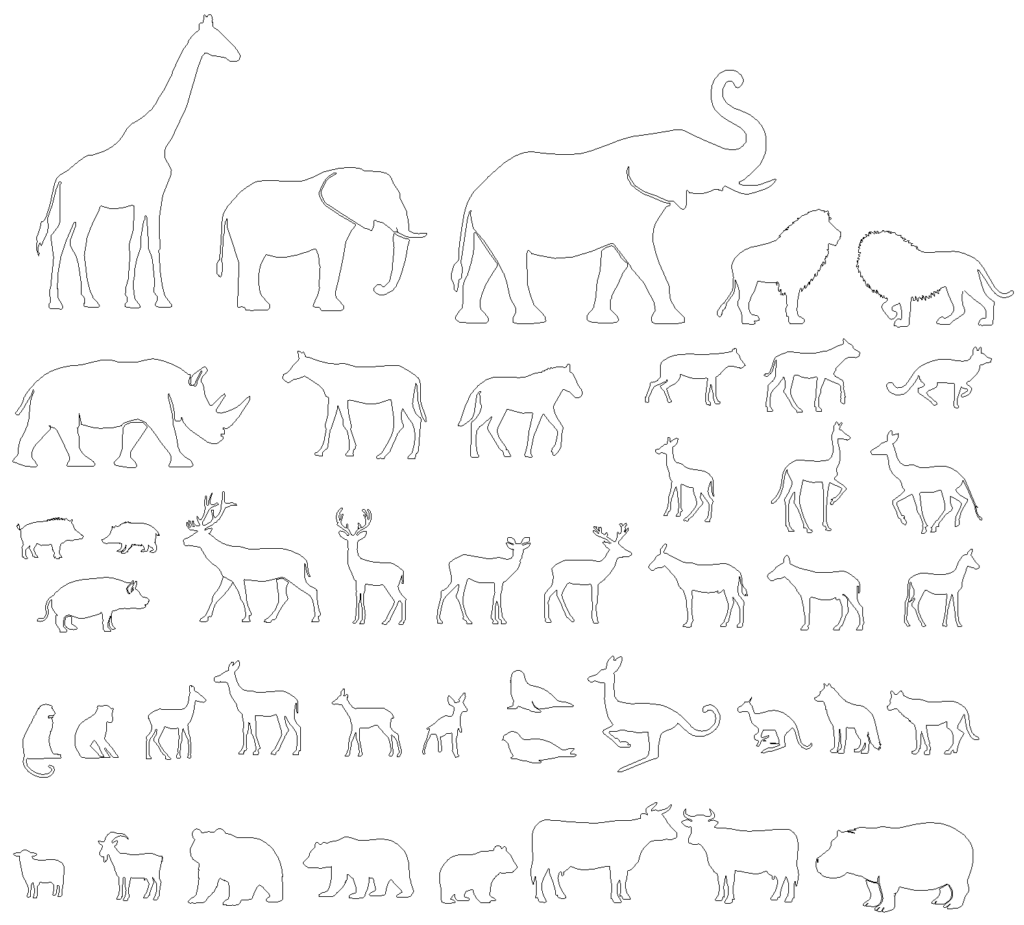 CADデータ画像-動物(キリン、象、馬、猿、豚、サイ、鹿、カンガルー、ライオン、熊、かば、猪、牛、羊、やぎ)