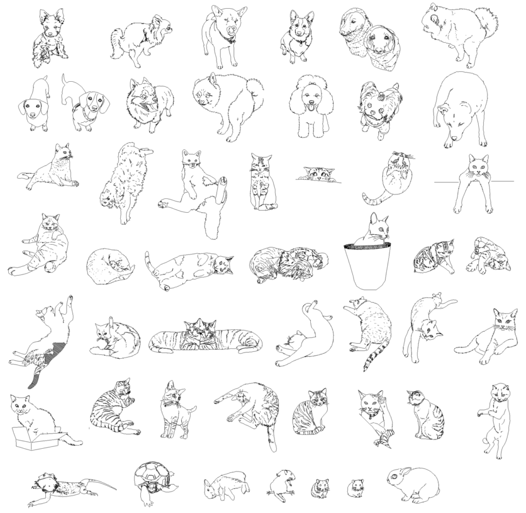 CAD図面データ-ペット追加（犬、ねこ、うさぎ、亀、ねずみ、ハムスター、トカゲ）