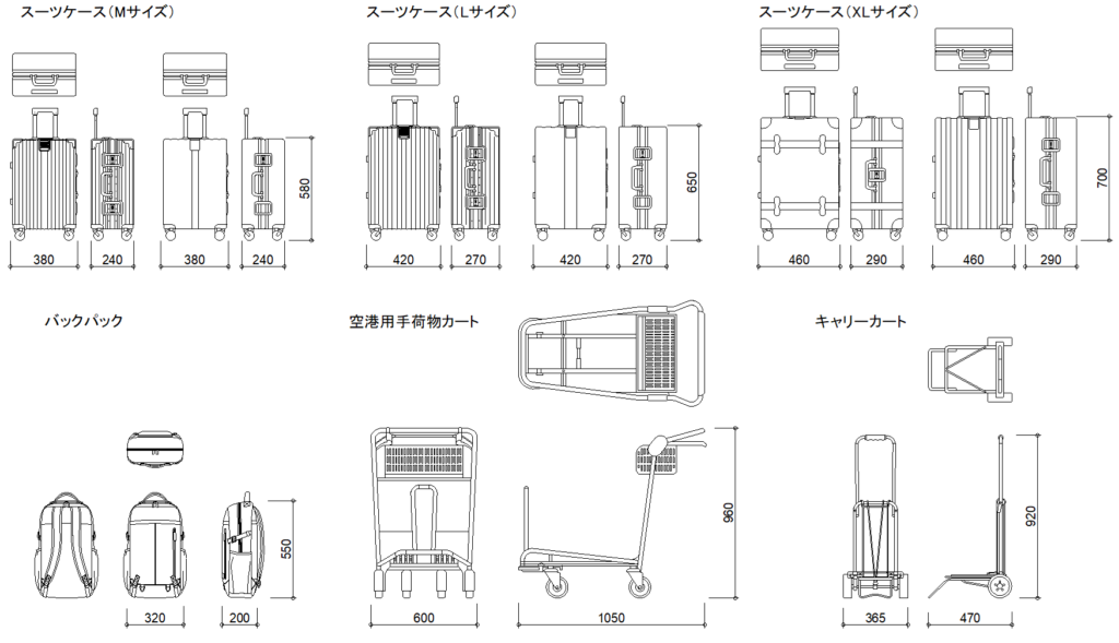 CAD図面データ-スーツケース、空港用手荷物キャリー、キャリーカート
