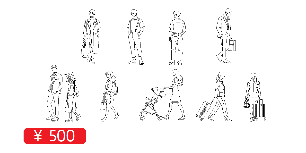 アイキャッチ-人物立面線画、ベビーカー、スーツケース