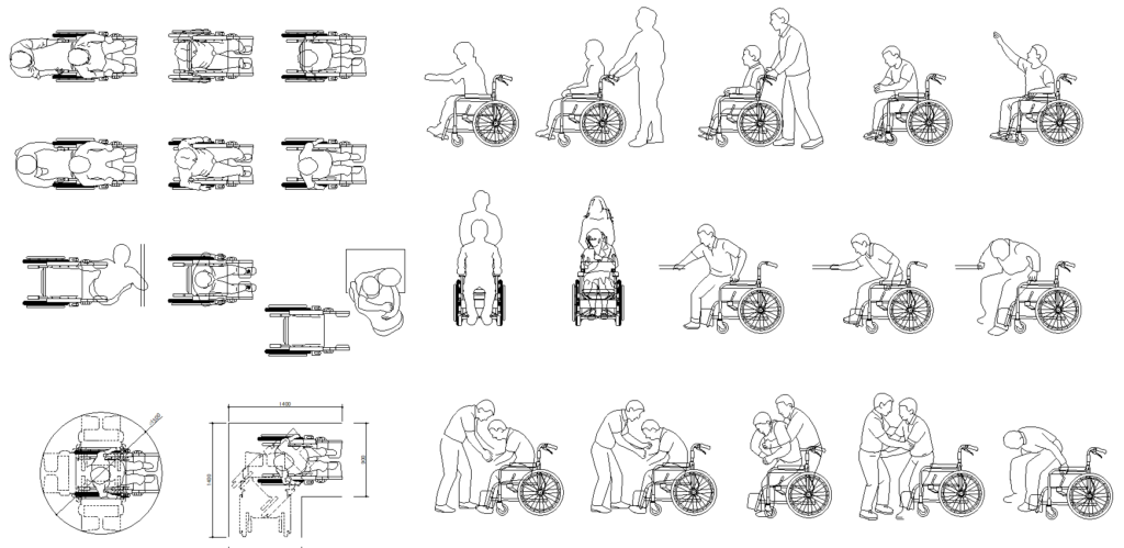 CAD画像-車いすに座る人、車いすを押す人