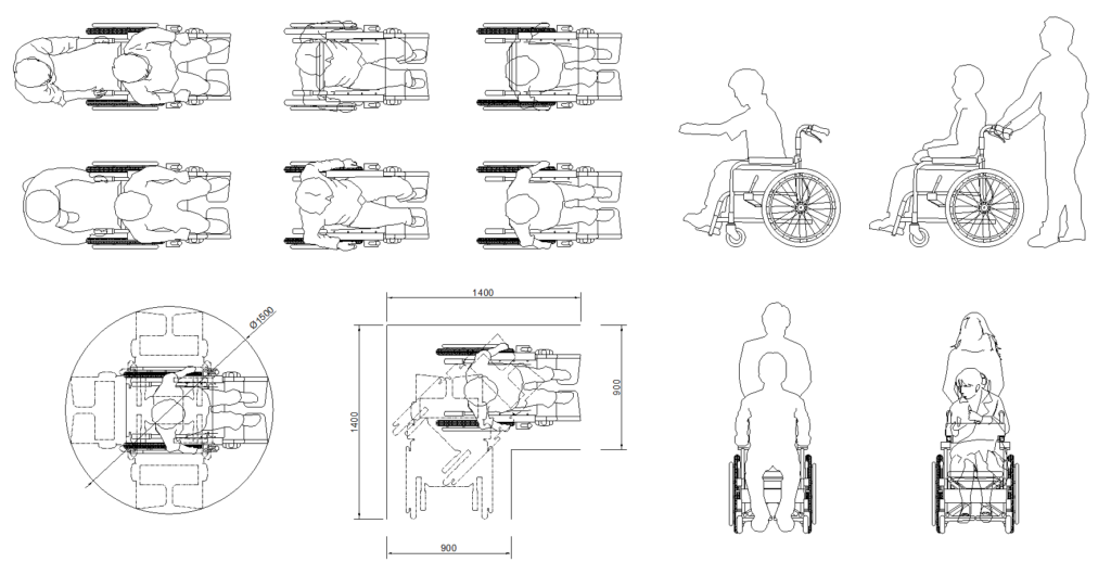 CAD画像-車いすに座る人、車いすを押す人