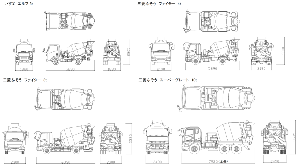 CAD図面データ-コンクリートミキサー車、生コン車