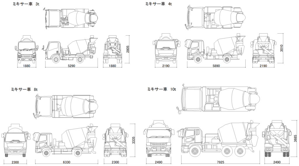 CAD図面データ-コンクリートミキサー車、生コン車