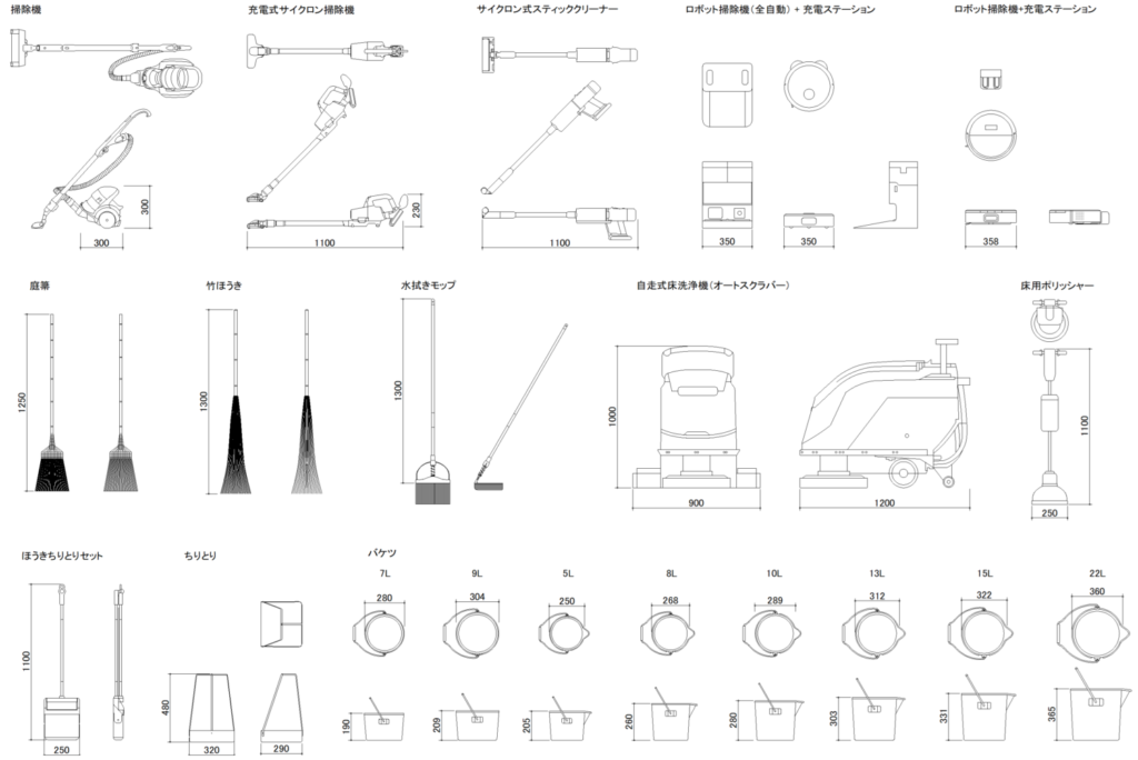 CAD図面データ-掃除機、モップ、ほうき、バケツ、チリトリ、ポリッシャー