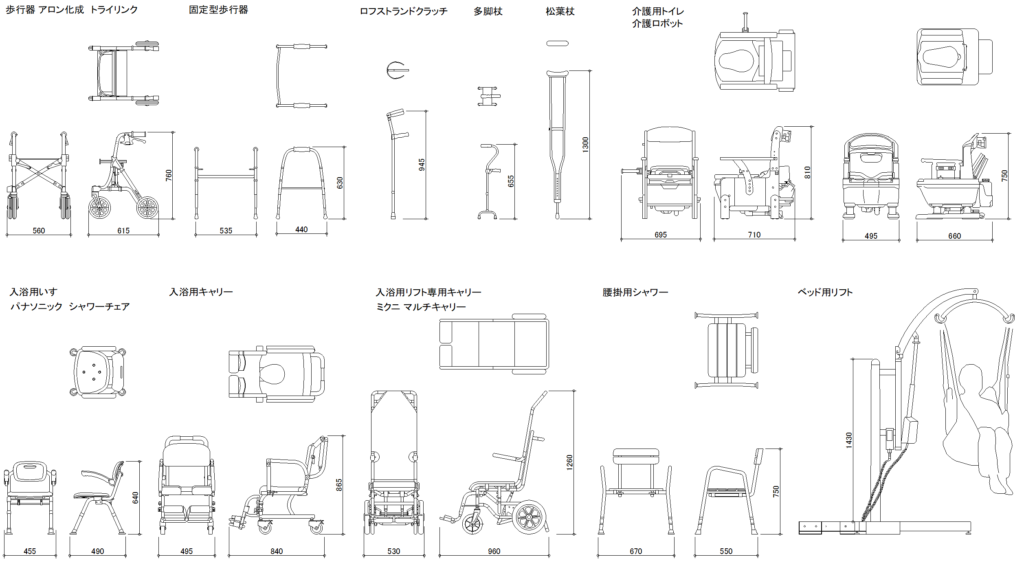 CAD図面データ-歩行器、多脚杖、松葉杖、介護用トイレ、入浴用いす、入浴用キャリー、腰掛用シャワー、ベッド用リフト