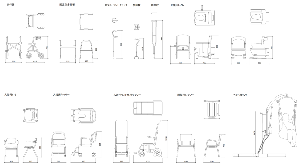 CAD図面データ-歩行器、多脚杖、松葉杖、介護用トイレ、入浴用いす、入浴用キャリー、腰掛用シャワー、ベッド用リフト