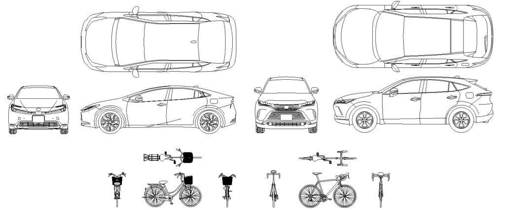 建築イラスト-自動車、自転車（png、pdf）