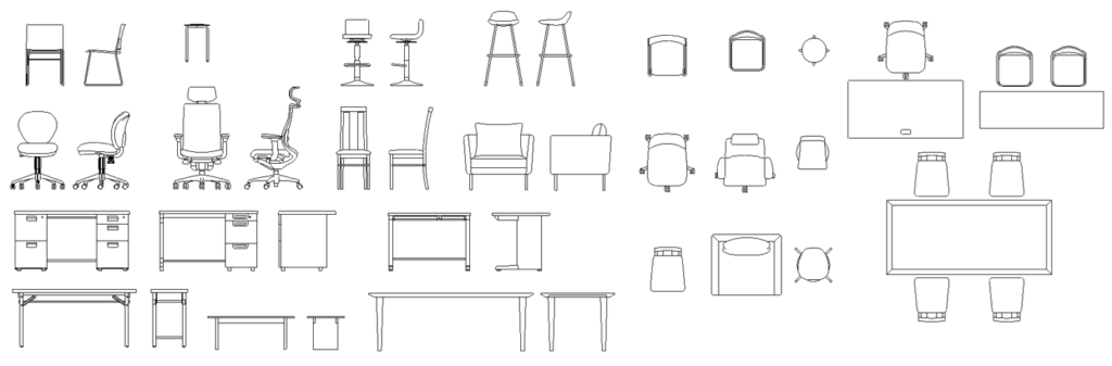 建築イラスト-机椅子　平面、立面（png、pdf）