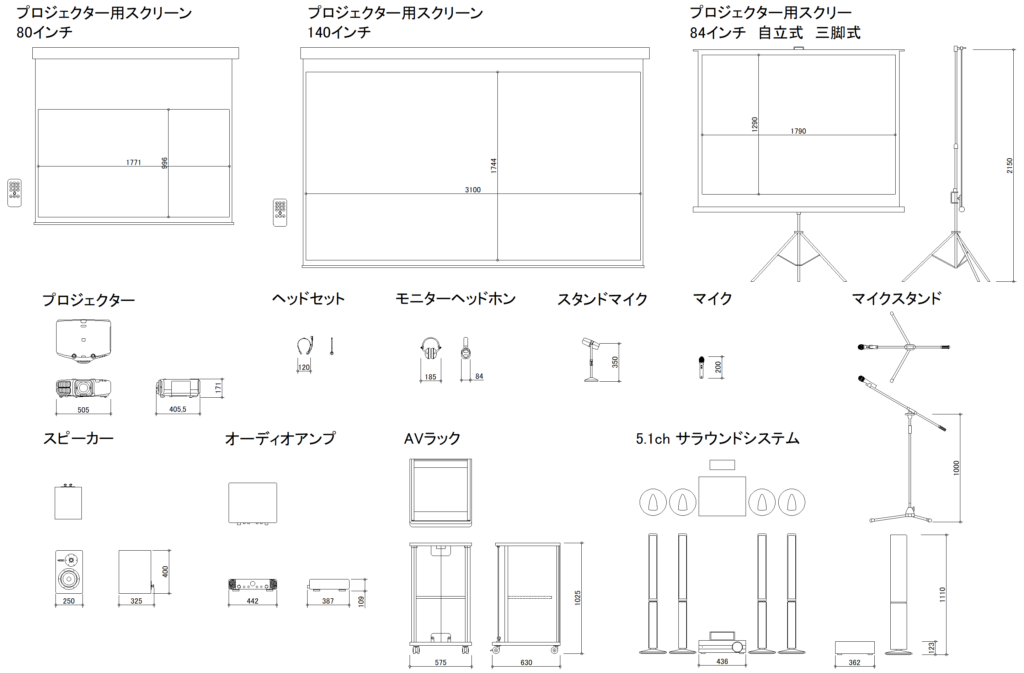CAD図面データ-プロジェクター、スクリーン、ヘッドセット、マイク、サラウンドシステム