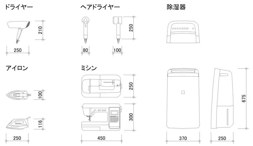 CAD図面データ-ドライヤー、空気清浄機、ミシン、アイロン