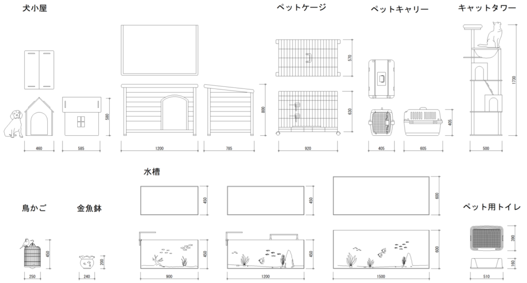 CAD図面データ-犬小屋、キャットタワー、ペットキャリー、ペットゲージ、水槽、鳥かご