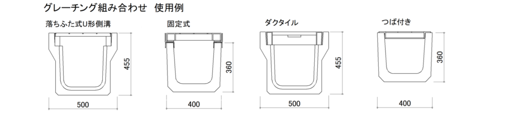 CAD図面データ-U形側溝グレーチング組み合わせ使用例