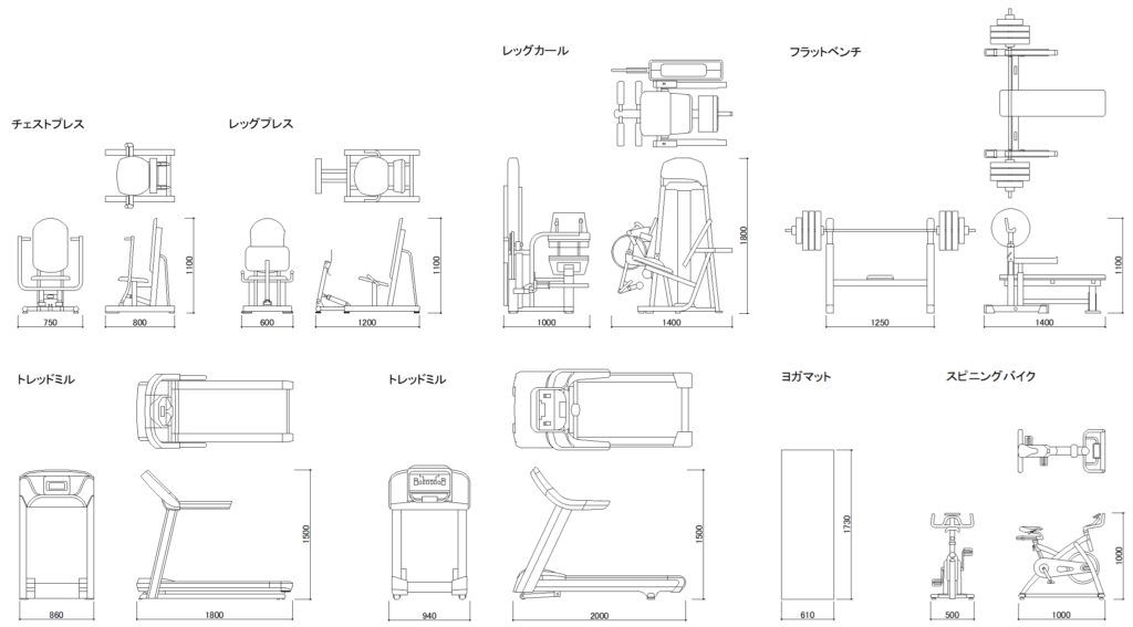 CAD図面データ-スポーツジム、トレーニング機器