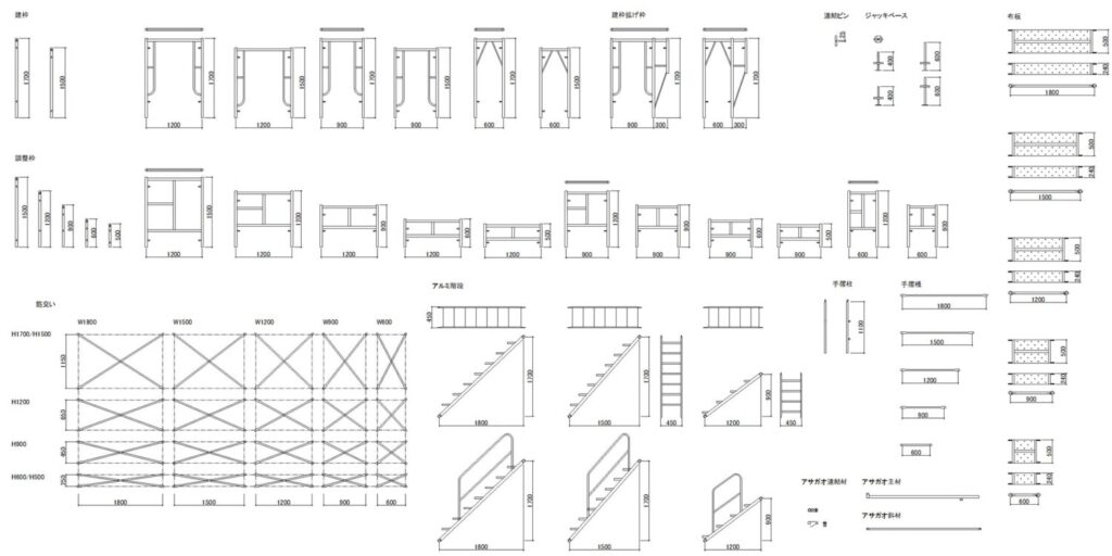 CAD図面データ-枠組足場・標準モジュール部材一覧