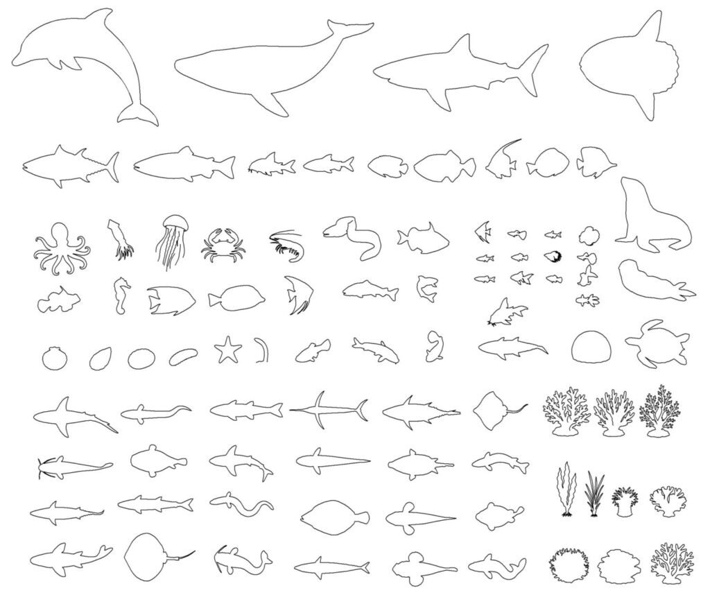 CADデータ画像-海の生き物、川の生き物シルエット